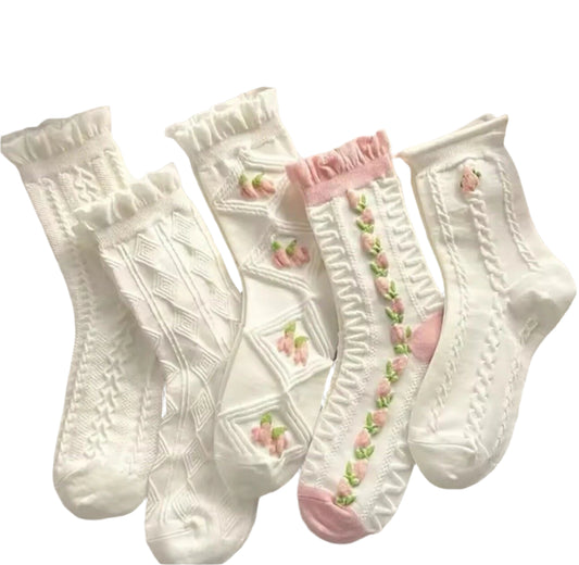 White And Pink Retro Style 5 Pair Women Floral Socks