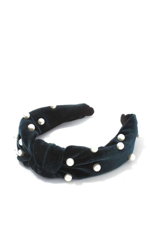 Dark Teal Knot Pearls Soft Velvet Headband