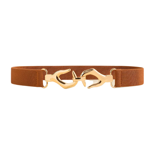 Camel And Gold Hands Buckle Adjustable Elastic Band Women’s Belt