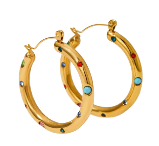 Colourful Cubic Zirconia And Gold Plated Stainless Steel Hoop Earrings