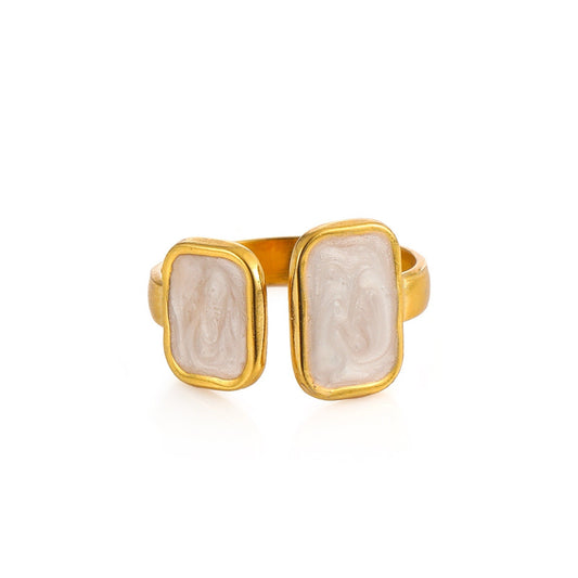 Gold Double White Stone Stainless Steel Square Adjustable Ring