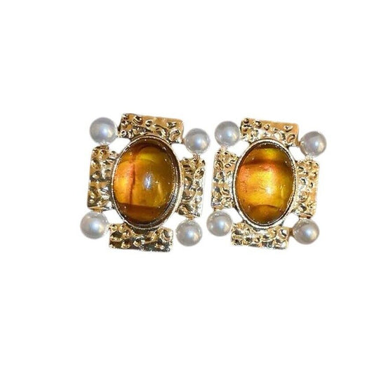 18k Gold Plated Tiger Eye And Pearls Vintage Style Square Stud Earring