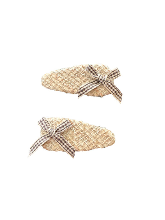 Beige Oval Plaid Bow Crochet Fabric 2 Piece Hair Clip Set