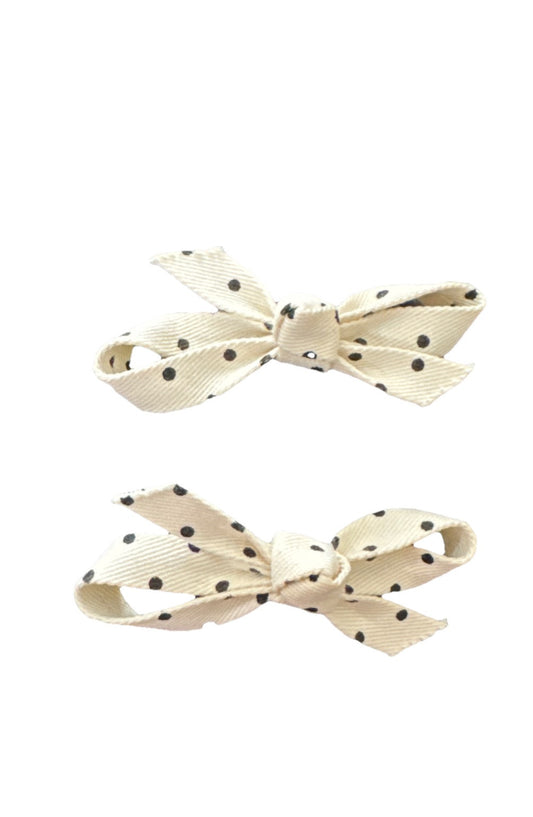 White And Black Polka Dots Fabric Bows 2 Piece Hair Clip Set