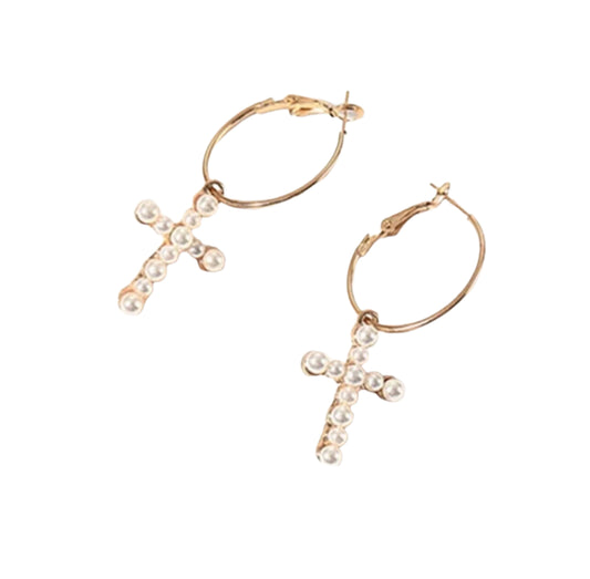 Pearl cross pendant Gold Hoop Earring