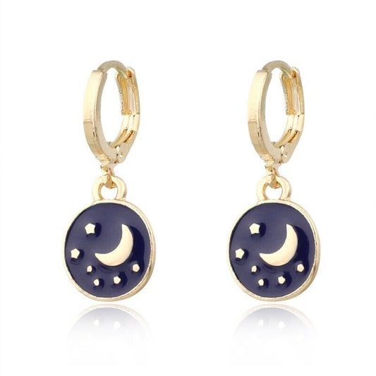 Gold Mini Enamel Blue Moon and Stars Hoop Earrings