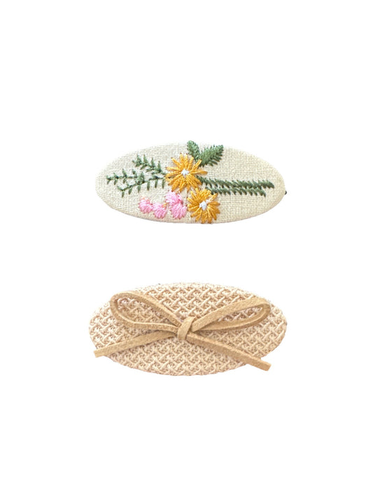 Beige Oval Embroidered Floral Bow Crochet Fabric 2 Piece Hair Clip Set
