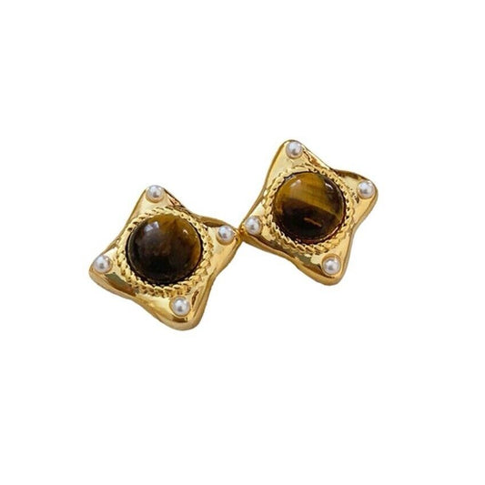 Real 18k Gold Plated Tiger Eye And Pearls Vintage Style Square Stud Earring