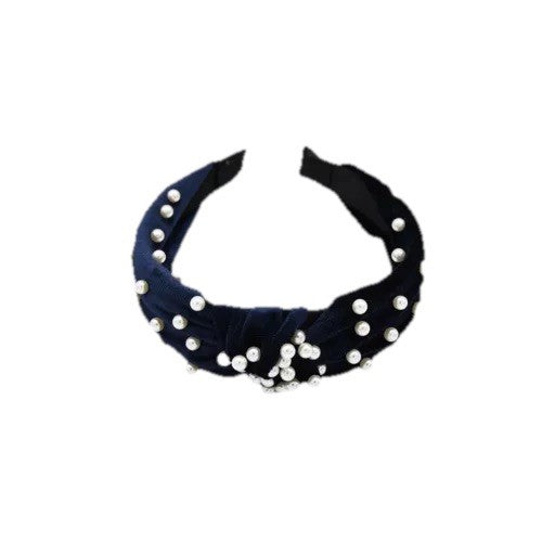 Navy Blue Soft Velvet Pearl Knot Headband