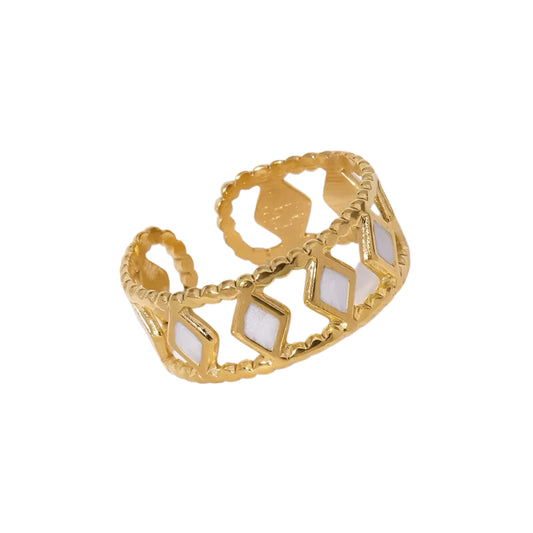 Gold White Stone Diamond Shapes Stainless Steel Adjustable Ring
