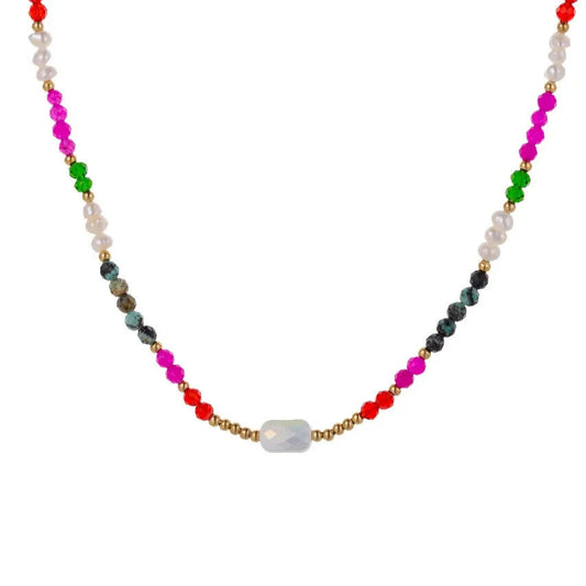 Multicolored Beaded Natural Stones, Pearls Stainless Steel Necklace