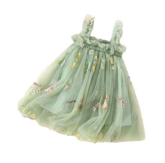 6-12 M Baby Girl Sage Green Mesh Embroidered Fit And Tutu Flare Dress