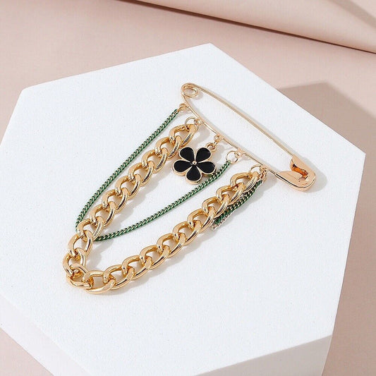 Black Enamel Flower With Gold And Green Chains Fashion Pin/Brooch