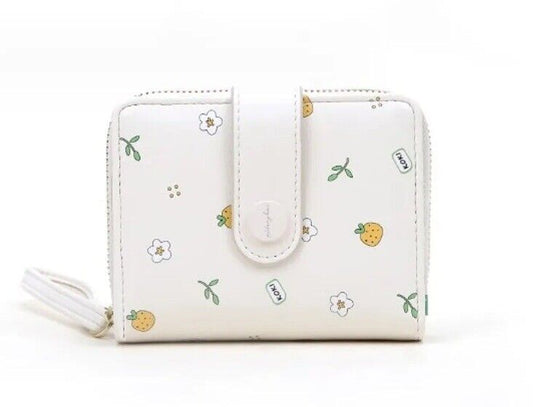 White Flower & Fruity  Mini Zipper Wristlet Wallet
