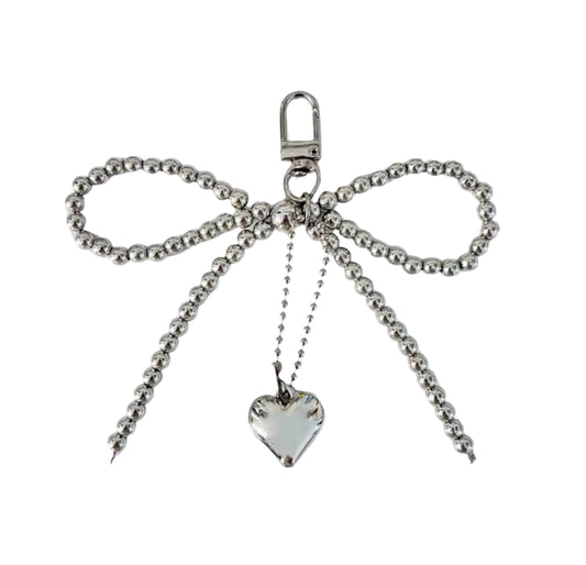 Silver Beaded Bow And Heart Charm Keychain