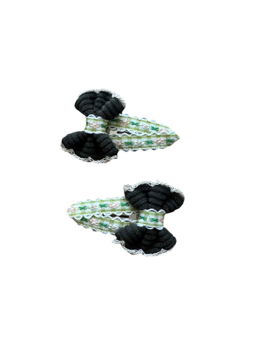 Green Bow Floral Crochet Fabric 2 Piece Hair Clip Set