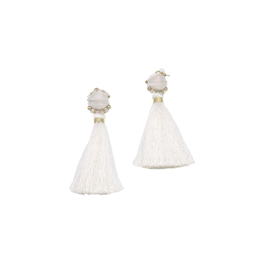 White Beaded Long Tassel Drop Earring