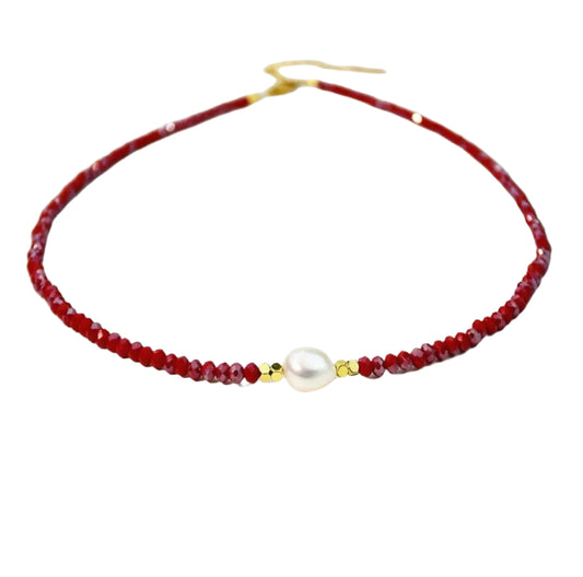Red Beaded Glass Stones And Cultured Pearl Necklace