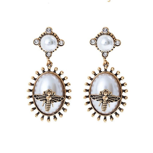 White Enamel Bee And Imitation Pearl Drop Earrings