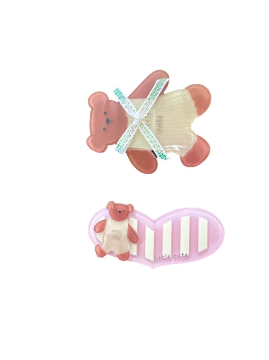 Pink And Brown Bear Acrylic 2 Piece Hair Clip Set