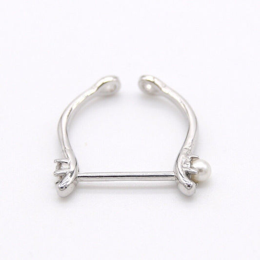 Silver Thin Bar With Pearl And Rhinestone On The Sides Adjustable Ring