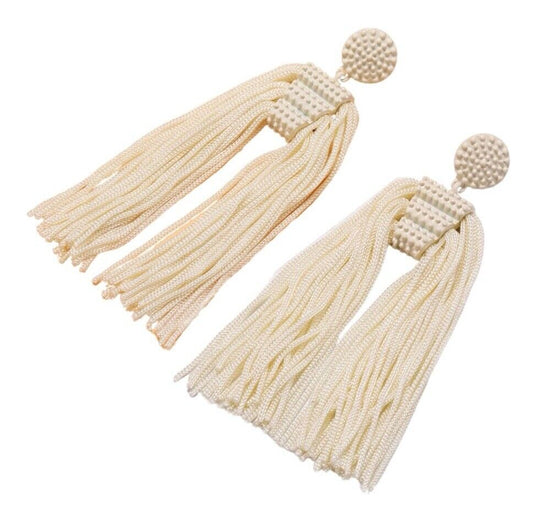 Off White Long Tassel Drop Earrings