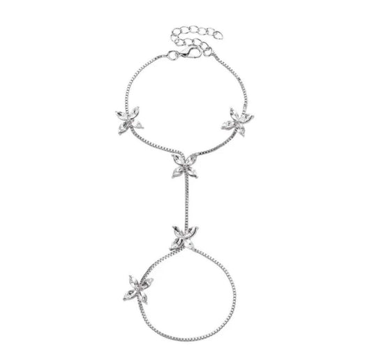 Silver Plated Floral Cubic Zirconia Finger Bracelet