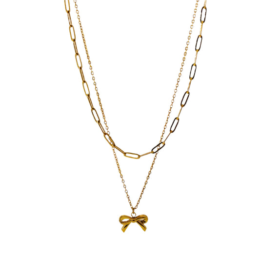 Gold Plated Stainless Bow Pendant Double Chain Necklace