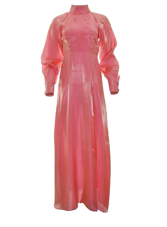 ADIBA Designer Long Sleeves Maxi Pink Gladiolus Dress With Side Slit Size M