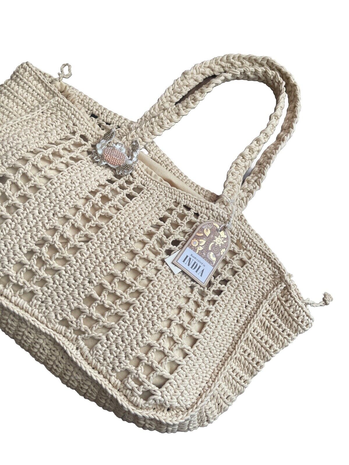 Beige Handmade Crochet With Beaded Crab Charm Beach Bag