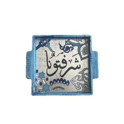 Handmade Wooden Glass Mediterranean Welcome Arabic Writings Blue Squared Tray