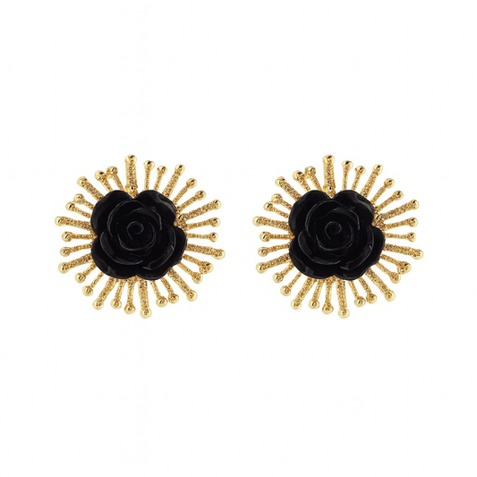 Gold and Black Acrylic Flower Stud Earrings