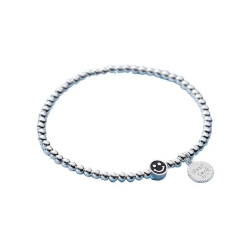 Silver Beaded Black Smiley Charm Good Luck Charm Stretchy Bracelet