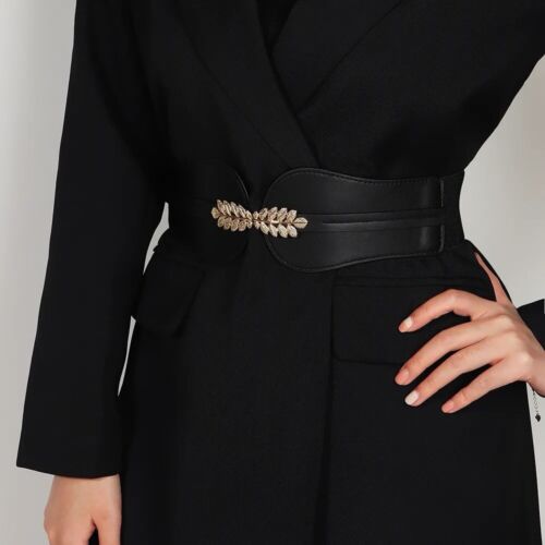 Black And Gold Leaf Buckle Adjustable Elastic Band Women’s Belt