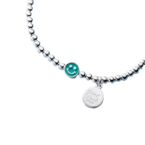 Silver Beaded Blue Smiley Charm Good Luck Charm Stretchy Bracelet