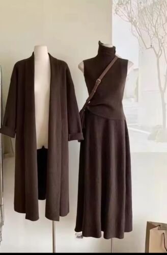 Brown Cashmere Cozy 3 Piece Skirt, Top And Cardigan Knit Set