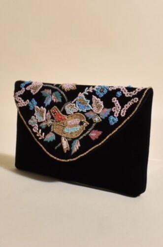 Black Handmade Beaded Bird And Floral Velvet Purse