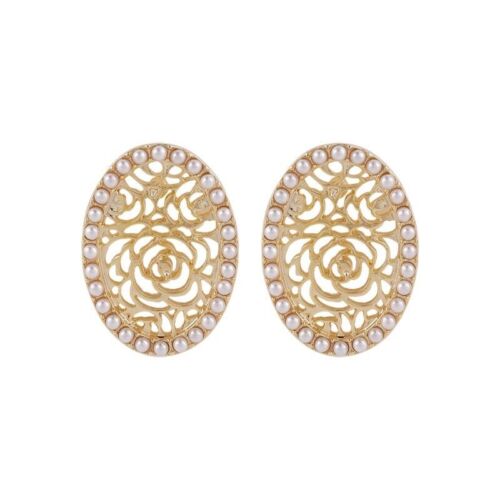 Oval Cut Our Floral Stud Earrings With White Pearls