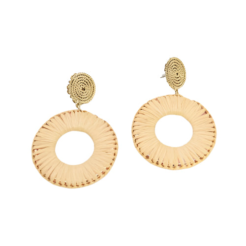 Gold And Beige/Neutral Woven Hoop/ Round Earrings