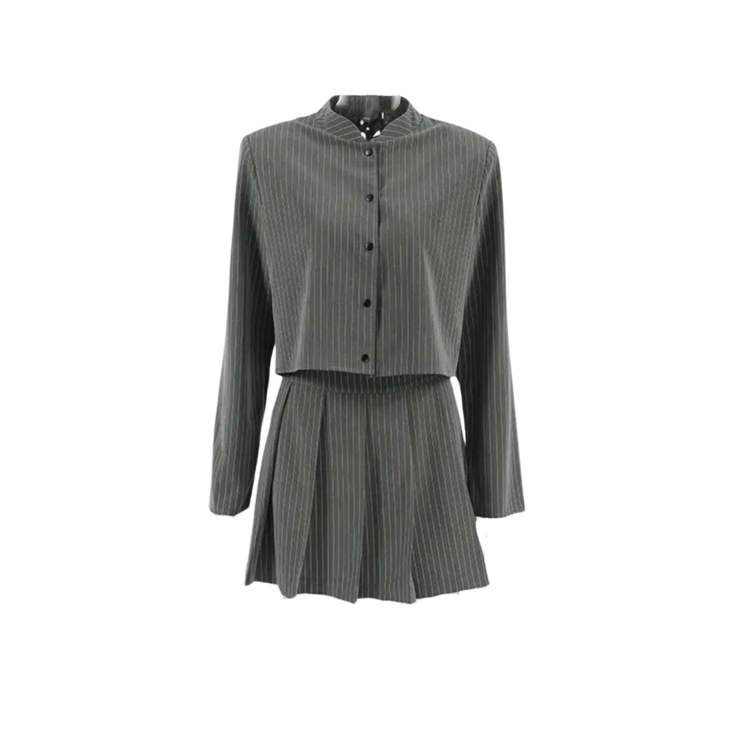 Grey Striped Matching Pleated Skirt And Long Sleeves Jacket Size S0