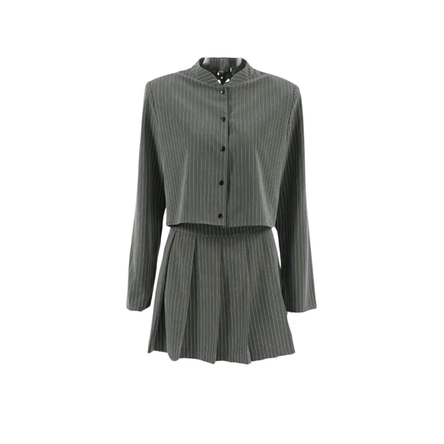 Grey Striped Matching Pleated Skirt And Long Sleeves Jacket Size S0