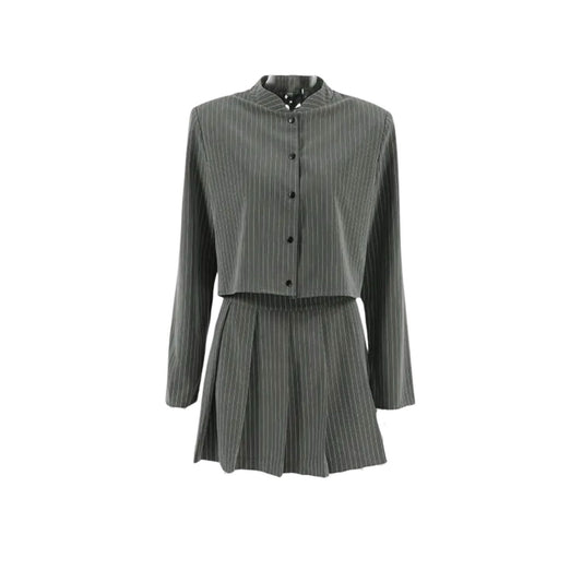 Grey Striped Matching Pleated Skirt And Long Sleeves Jacket Size S0