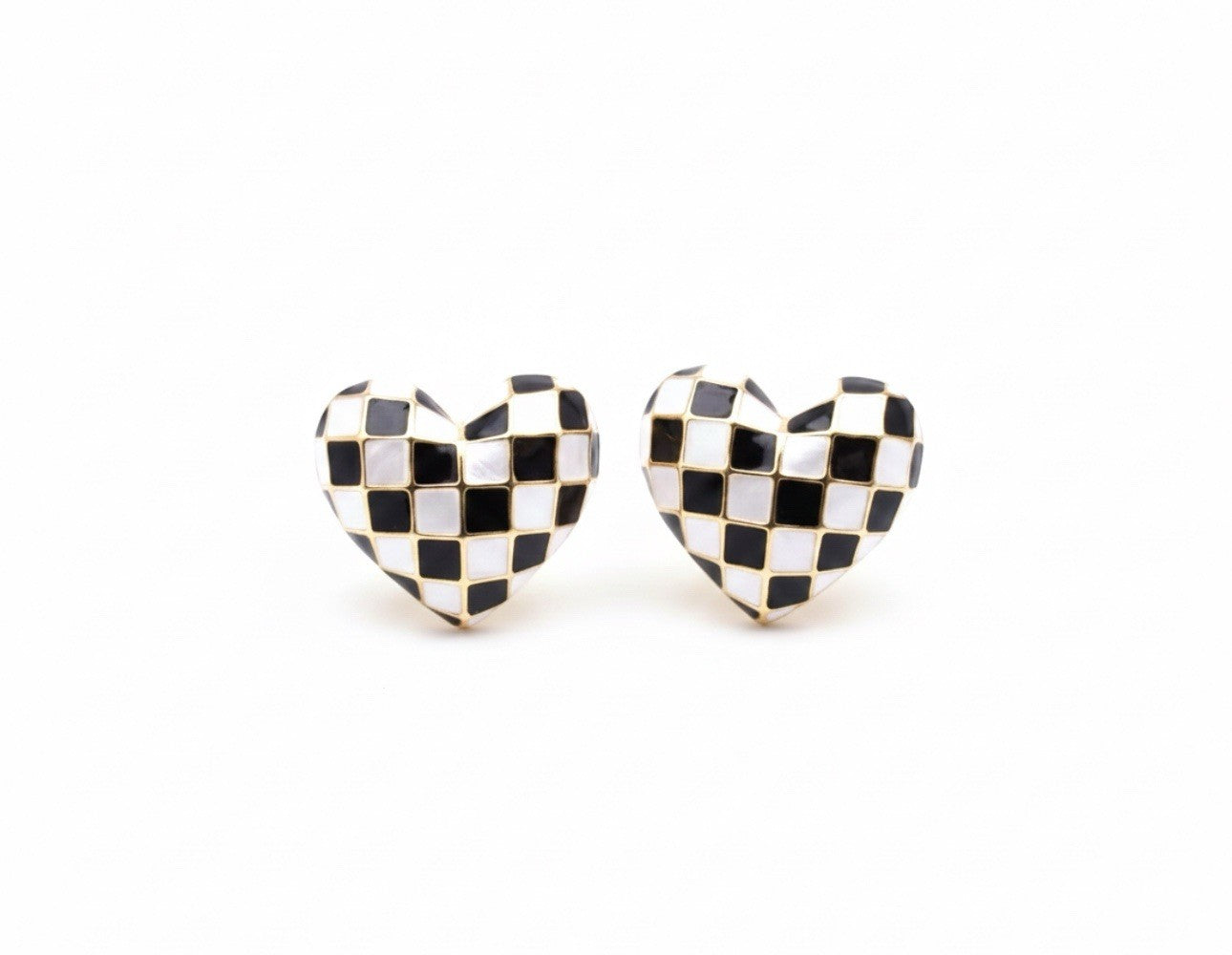 Gold Tone Black And White Checkered Enamel Heart Stud Clip On Earrings0