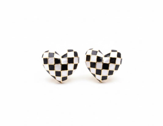 Gold Tone Black And White Checkered Enamel Heart Stud Clip On Earrings0