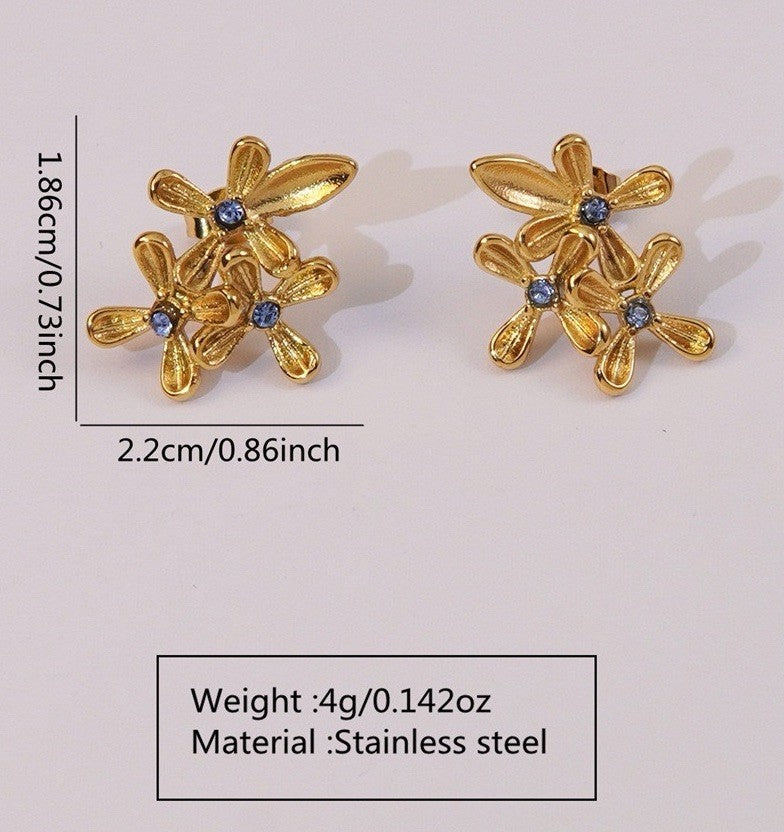 Gold Plated Stainless Steel Blue Cubic Zirconia Floral Stud Earrings2