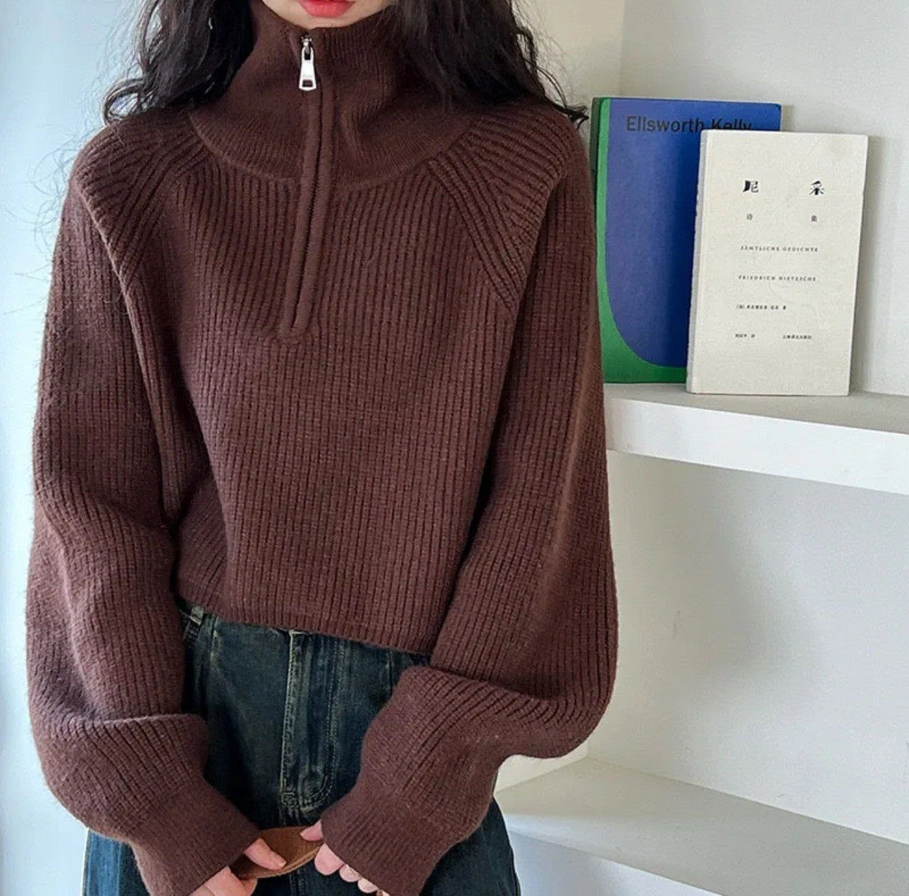 Brown Half Zipper High Collar Women’s Knit Sweater  1
