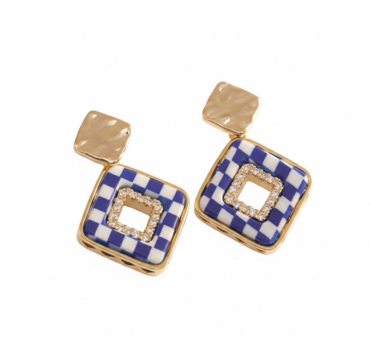 Gold Tone Blue White Checkerboard Enamel Geometric Square Drop Earrings0