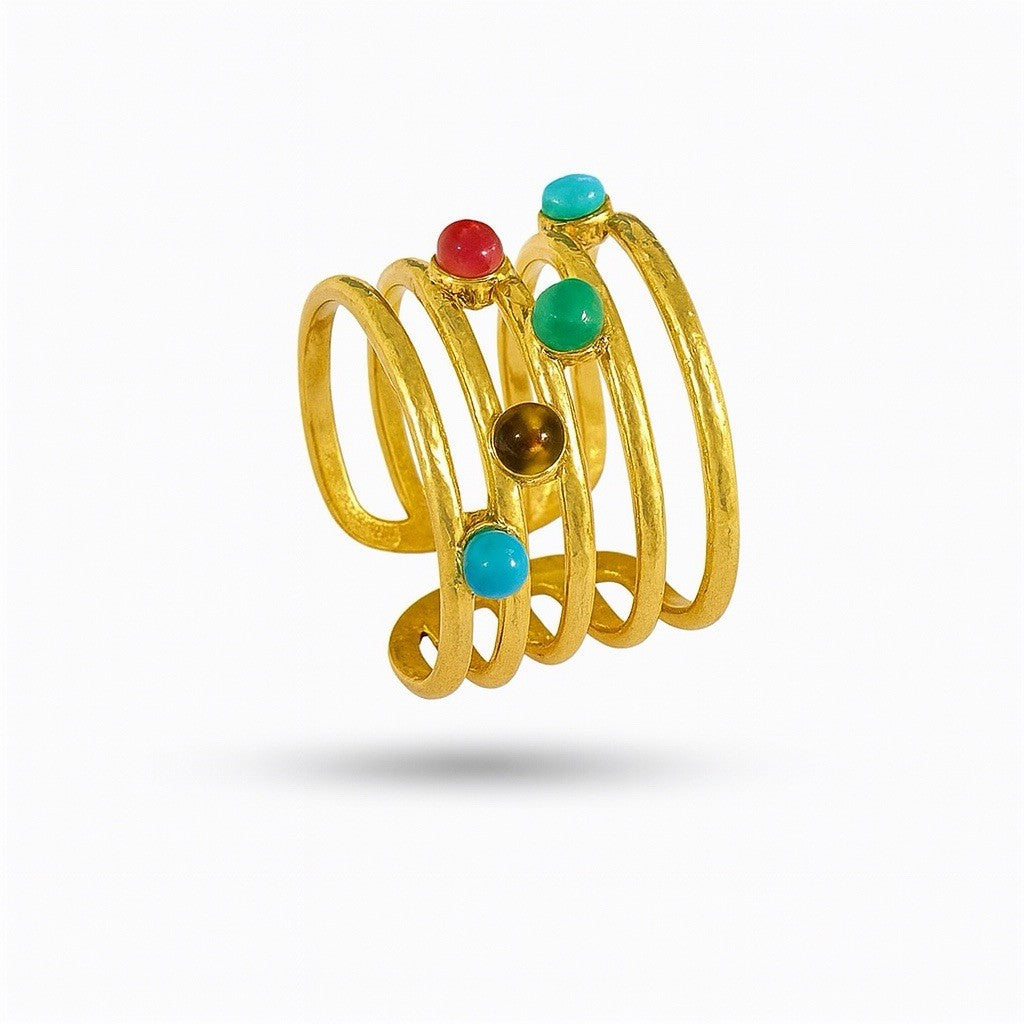 Gold Plated Stainless Steel Multicoloured Stones Open Adjustable Ring1