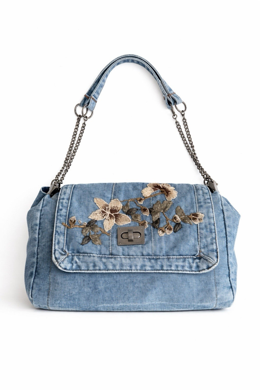 Handmade Denim Floral Embroidered Shoulder Blue Chain Strap Turn-Lock Handbag0