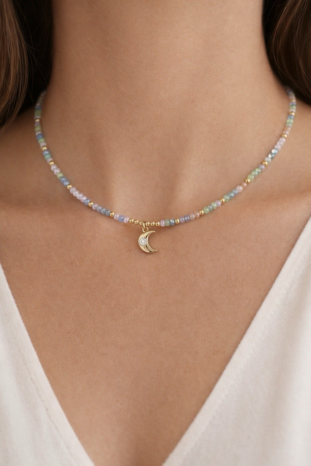 Handmade Multicoloured Beaded Charm Necklace Gold Moon Pendant Jewelry1